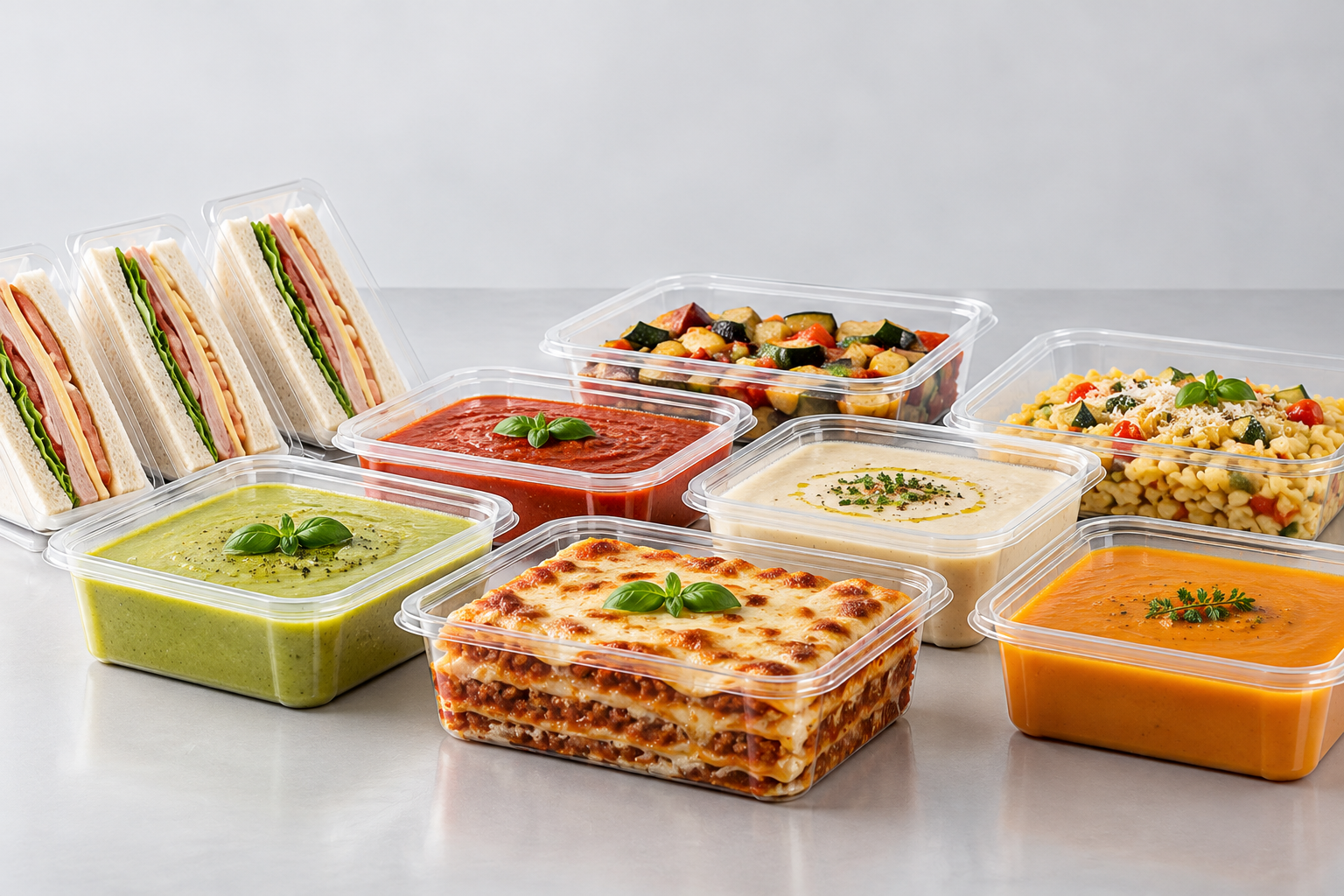 Piatti pronti in vaschetta, lasagne, vellutate, passati di verdura e tramezzini – applicazioni di dosaggio alimentare B.Mek