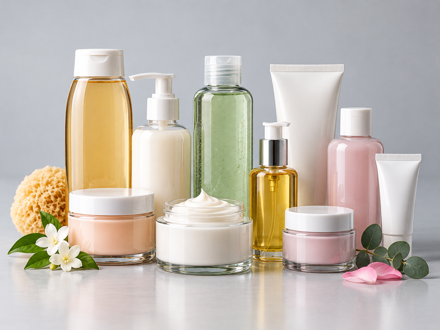 Composizione di prodotti cosmetici con vasetti di creme, flaconi di shampoo, lozioni, gel e tubetti