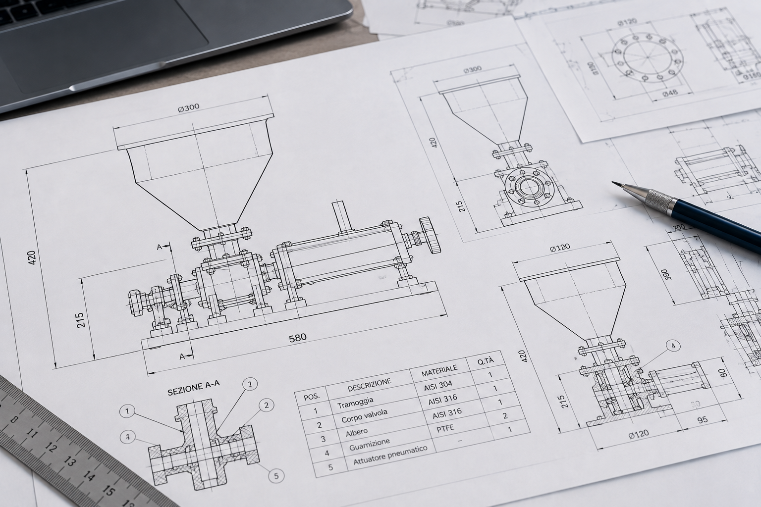 Disegno tecnico illustrativo di un sistema di dosaggio industriale