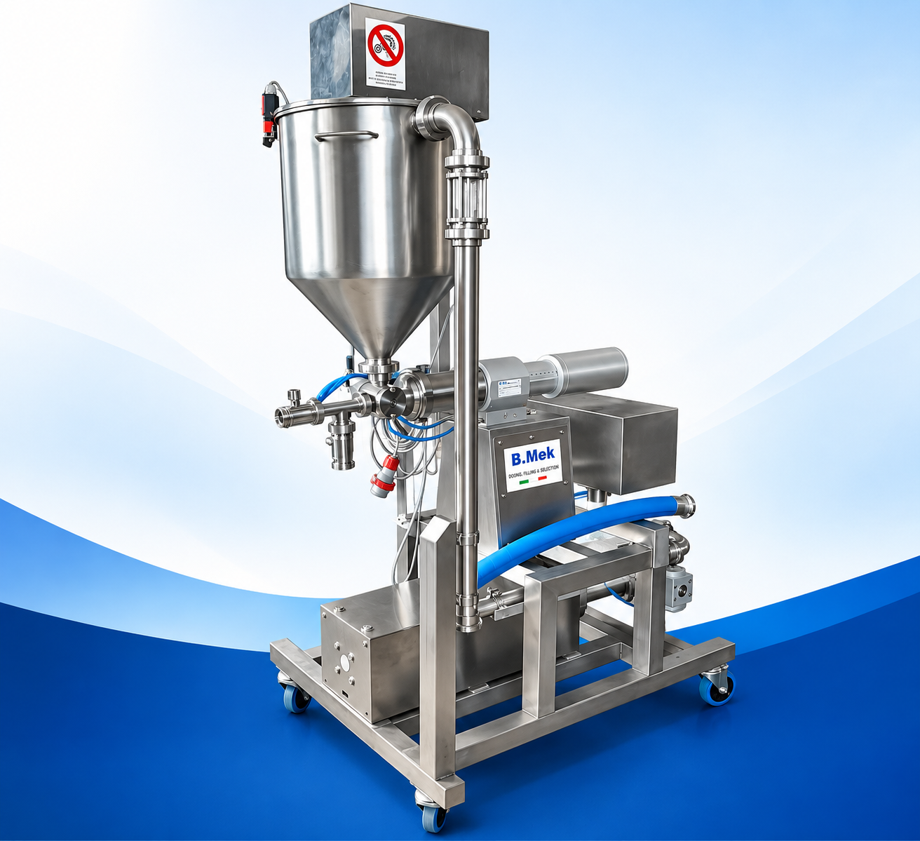 Modulo completo B.Mek in acciaio inox con tramoggia, tubazioni e sistema di dosaggio