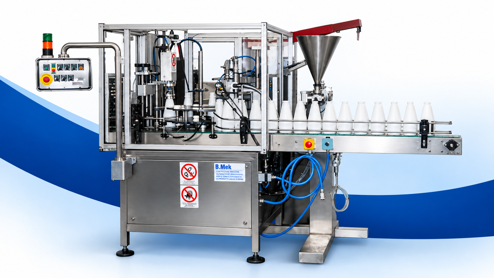 Linea automatica B.Mek per il riempimento di flaconi, con nastro trasportatore e struttura in acciaio inox.