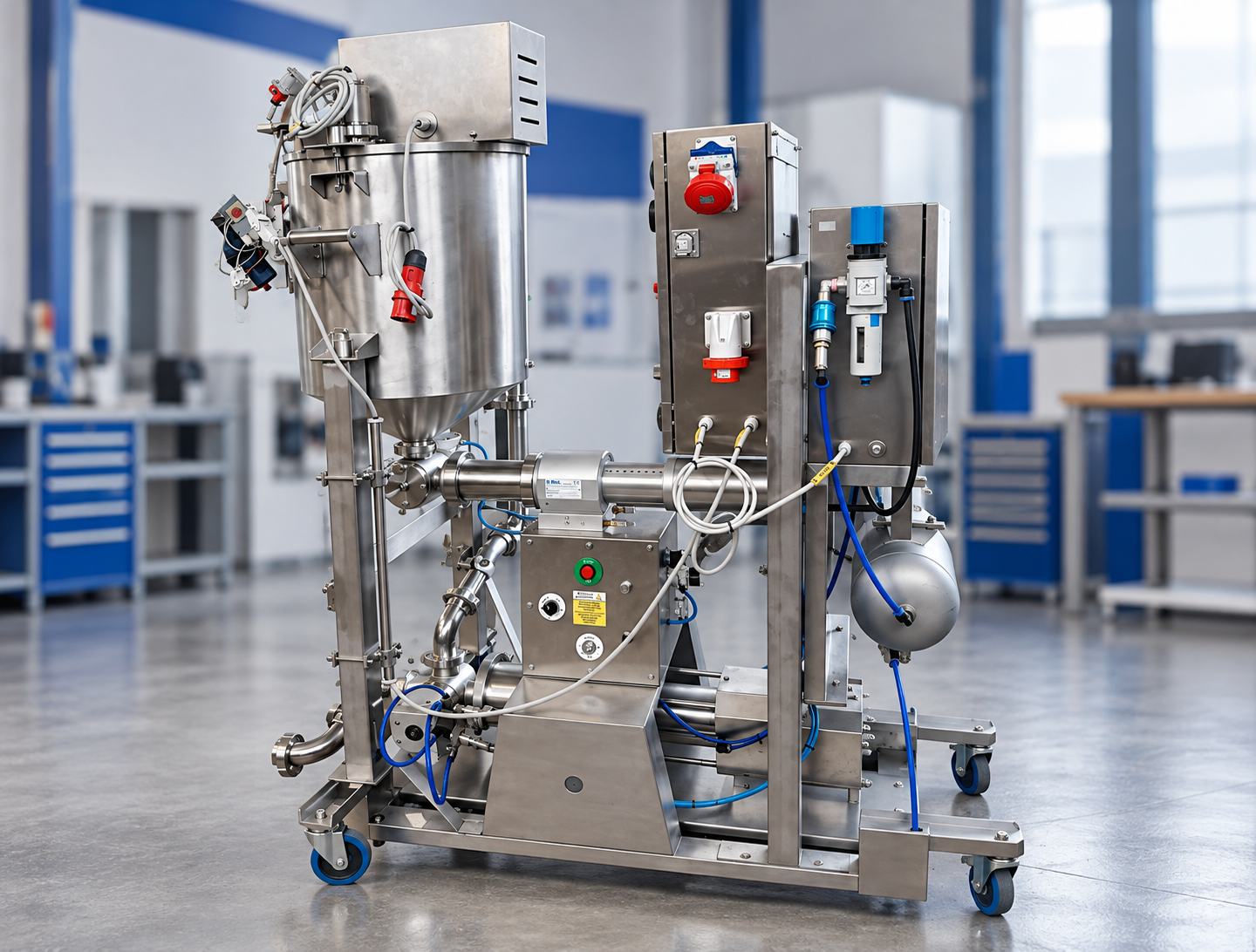 Modulo industriale di dosaggio in acciaio inox con tramoggia, tubazioni e componenti pneumatici