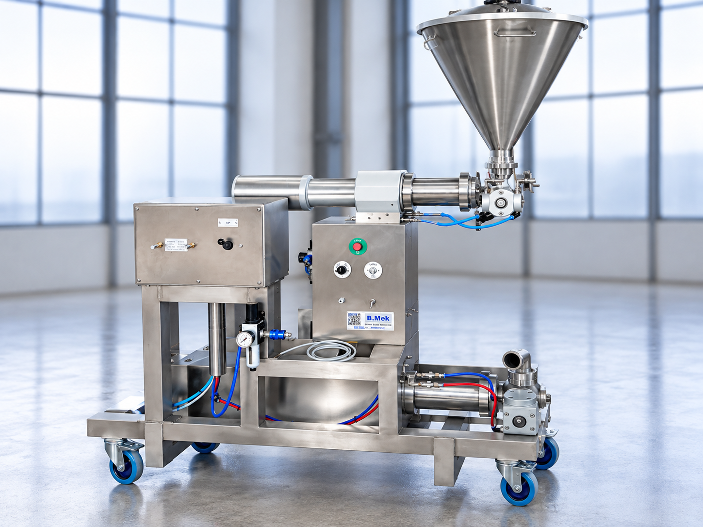 Modulo completo B.Mek per dosaggio industriale con tramoggia conica, struttura in acciaio inox e componenti pneumatici