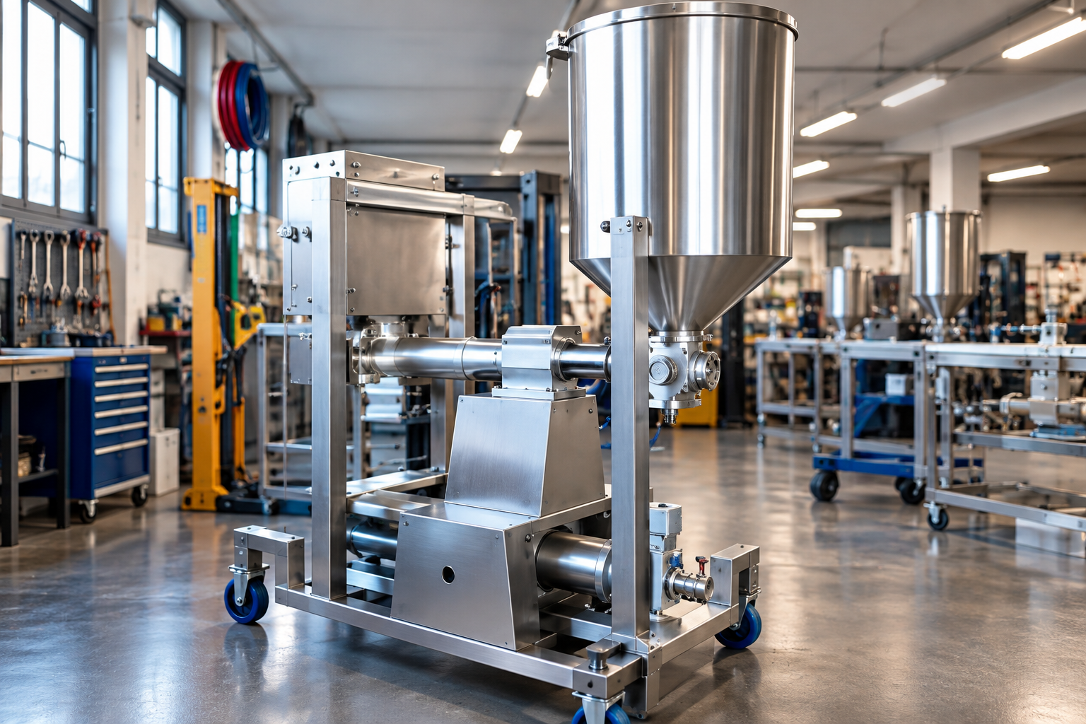 Rappresentazione di un sistema di dosaggio industriale in acciaio inox all'interno di un'officina