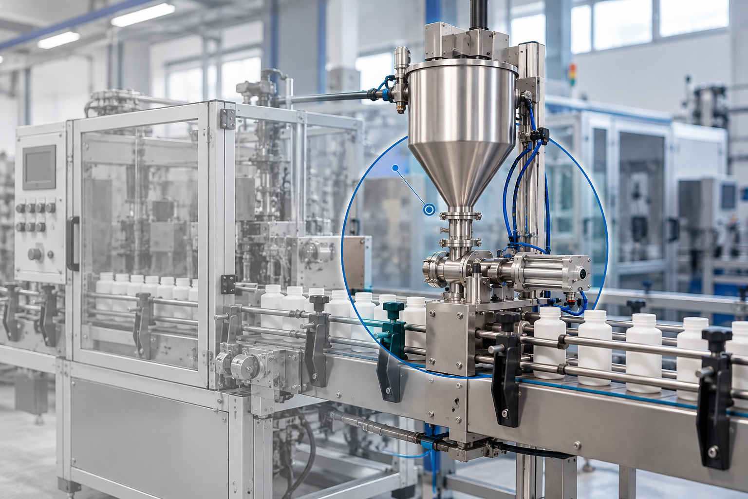 Modulo di dosaggio in acciaio inox integrato in una linea produttiva, evidenziato graficamente in blu