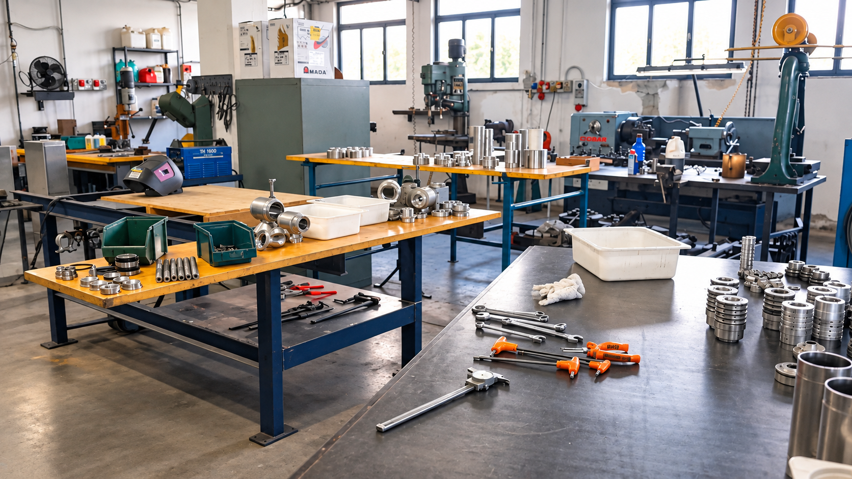 Officina B.Mek con macchinari per lavorazioni meccaniche, banchi di lavoro e componenti metallici