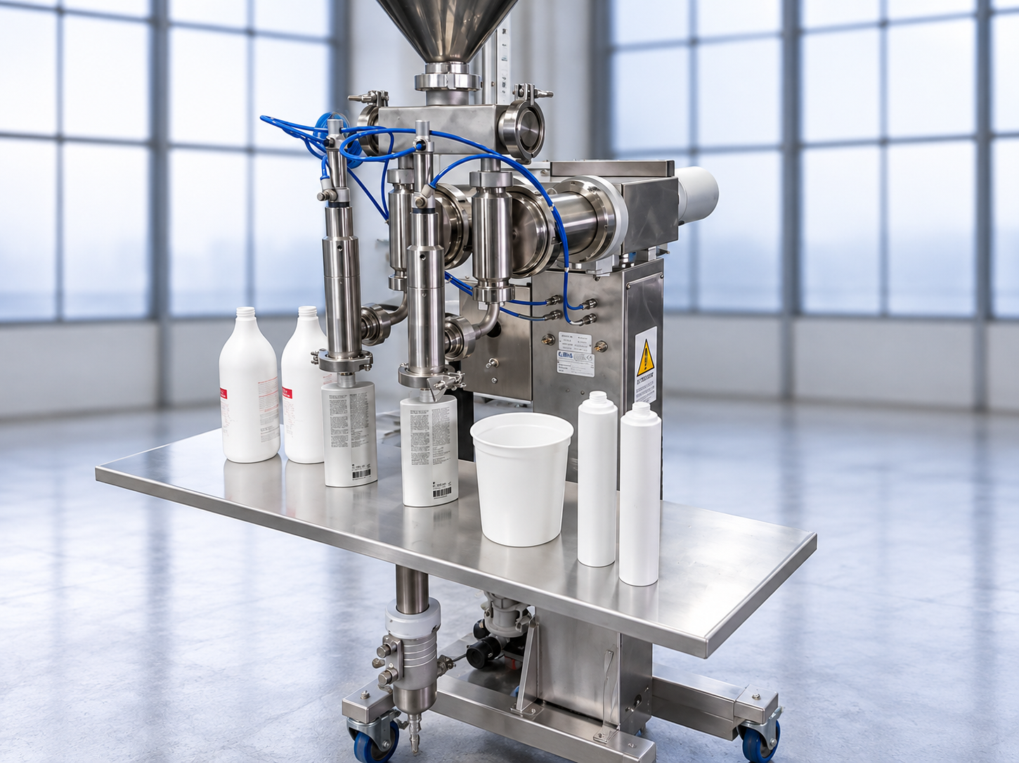 Riempitrice industriale B.Mek in acciaio inox con sistema di dosaggio per contenitori